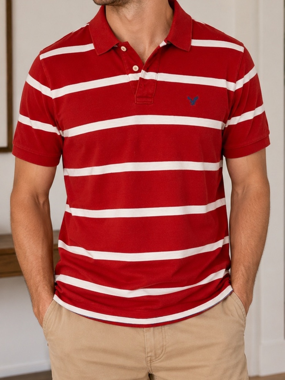 American Eagle Outfitters Men’s Red & White Striped Polo Shirt Large 100% Cotton